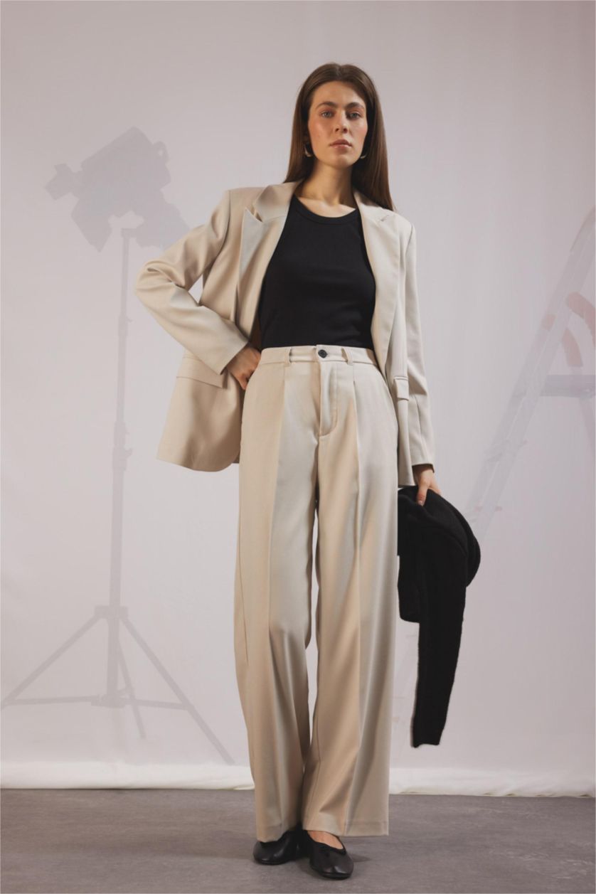 نساء بيج بنطرون رمادي كلاسيكي برجل واسع وايد ليج بجيب وخصر عالي