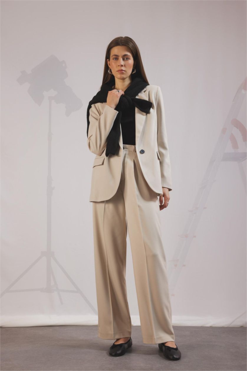 نساء بيج بنطرون رمادي كلاسيكي برجل واسع وايد ليج بجيب وخصر عالي