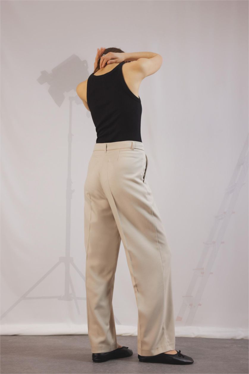 نساء بيج بنطرون رمادي كلاسيكي برجل واسع وايد ليج بجيب وخصر عالي