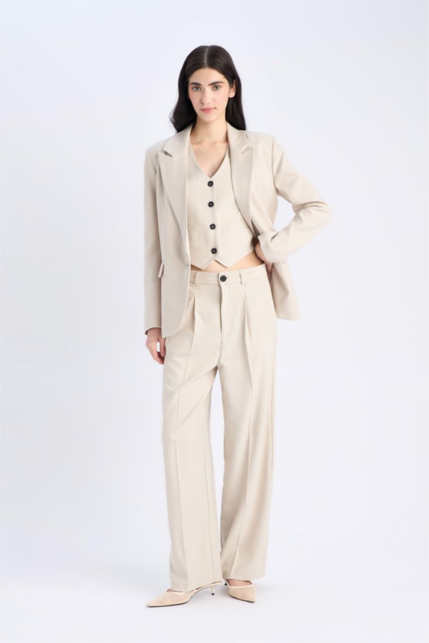 نساء بيج بنطرون رمادي كلاسيكي برجل واسع وايد ليج بجيب وخصر عالي