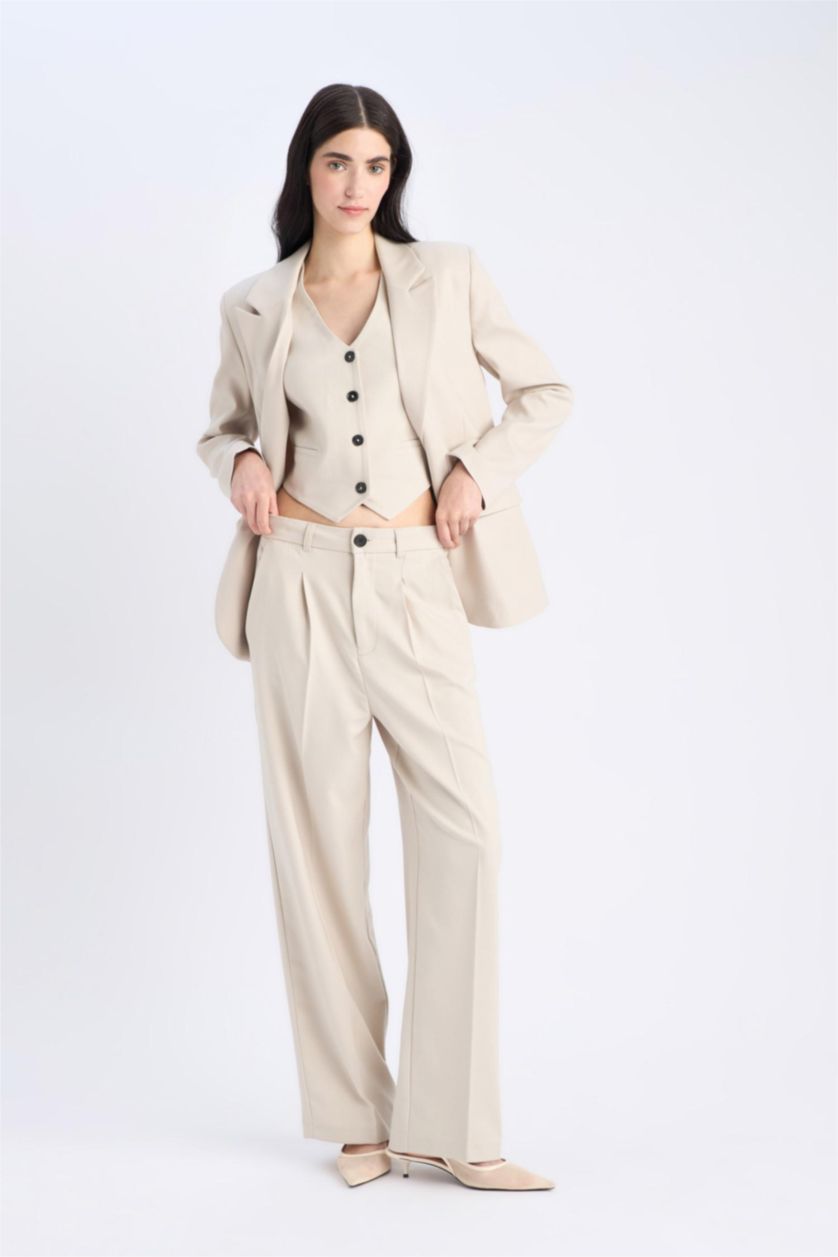 نساء بيج بنطرون رمادي كلاسيكي برجل واسع وايد ليج بجيب وخصر عالي