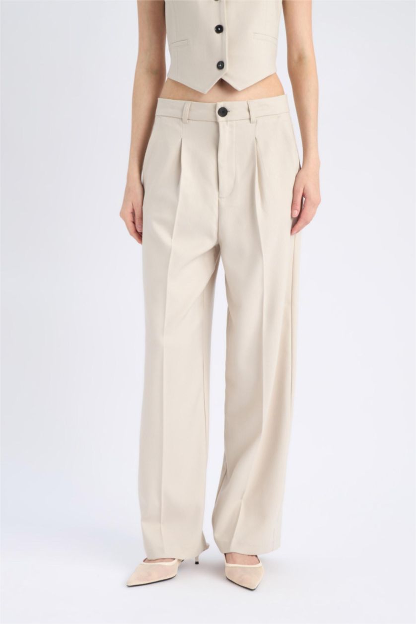 نساء بيج بنطرون رمادي كلاسيكي برجل واسع وايد ليج بجيب وخصر عالي