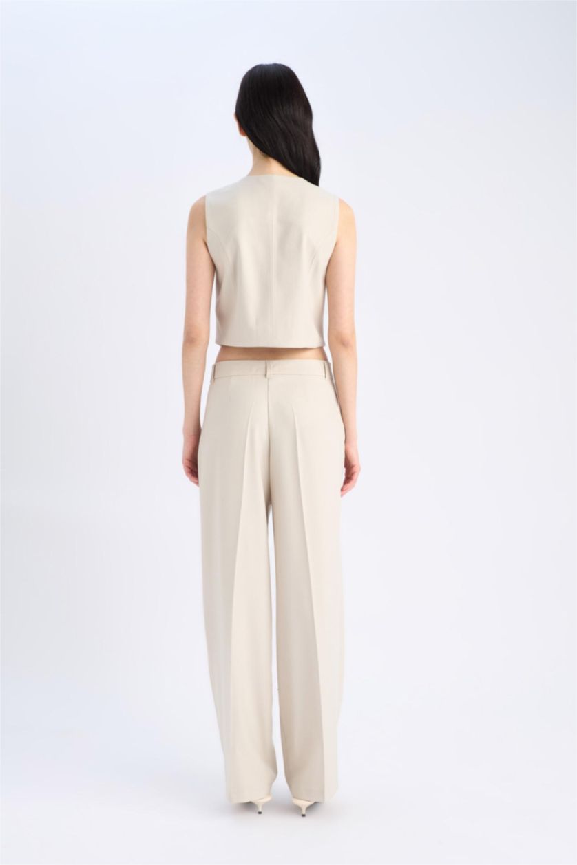 نساء بيج بنطرون رمادي كلاسيكي برجل واسع وايد ليج بجيب وخصر عالي