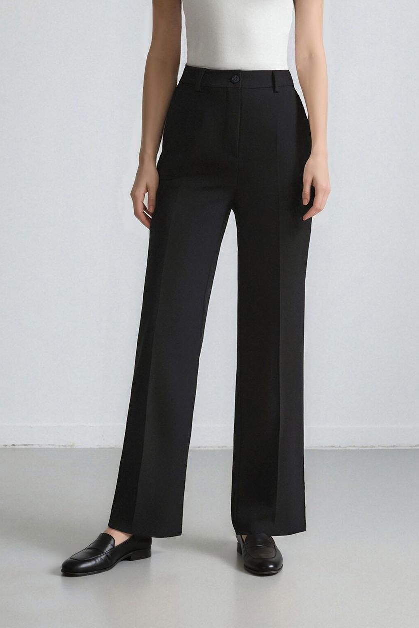 Kadın Siyah Wide Leg Pensli Klasik Palazzo Pantolon Basıc Uzun Boy Yüksek Bel Cepli