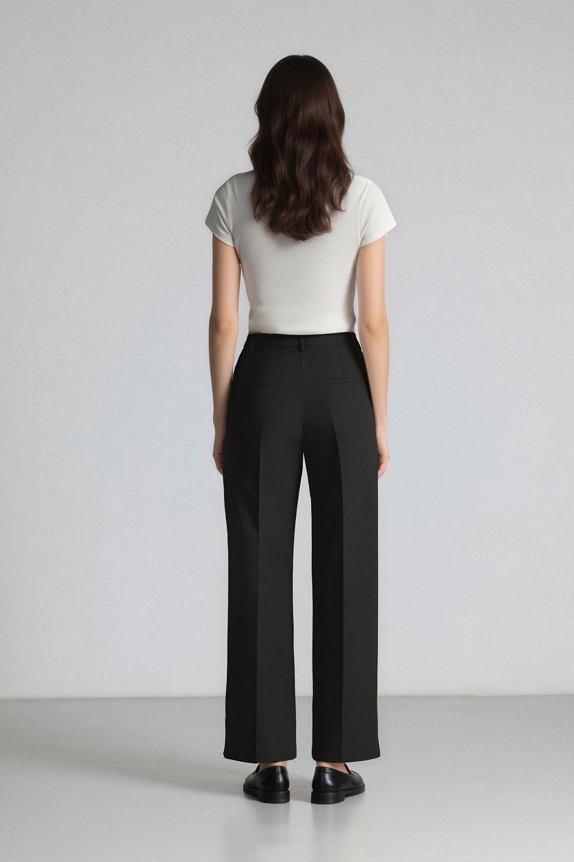 Kadın Siyah Wide Leg Pensli Klasik Palazzo Pantolon Basıc Uzun Boy Yüksek Bel Cepli