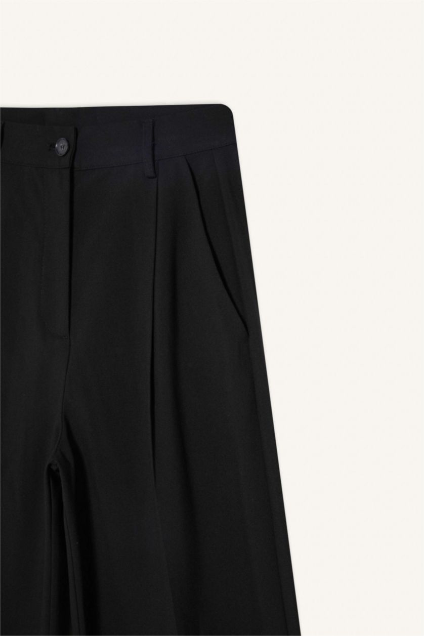 Kadın Siyah Wide Leg Pensli Klasik Palazzo Pantolon Basıc Uzun Boy Yüksek Bel Cepli