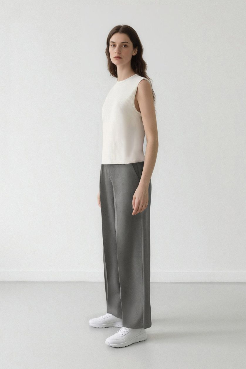 نساء ميلانج رمادي بنطرون سادة شتوي برجل واسع  وايد ليج بخصر عالي