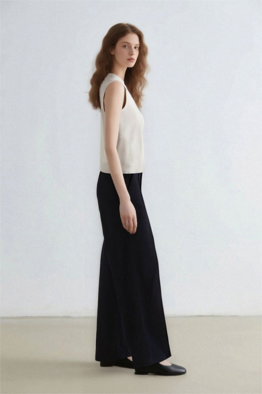 WOMAN NAVY Wide Leg Pocket High Waist Basic Classic Blue Trousers