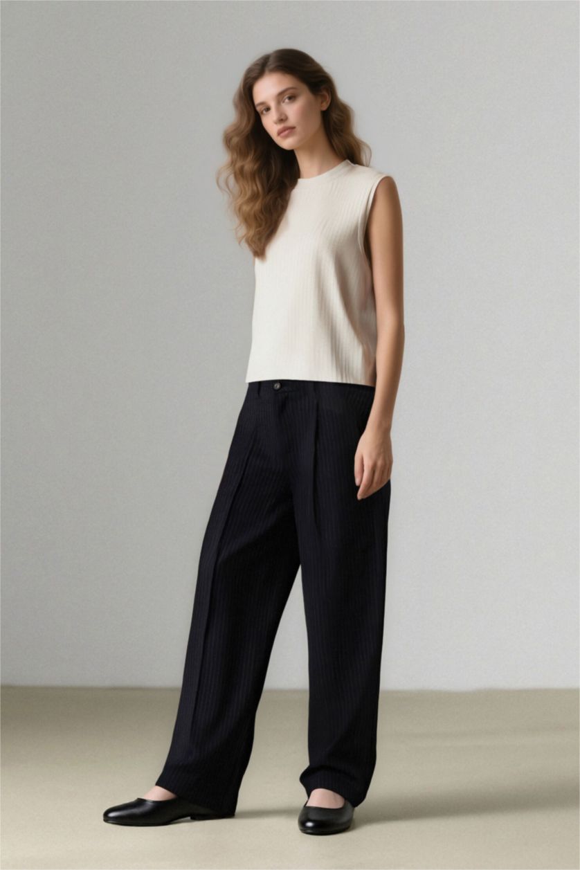 WOMAN NAVY Wide Leg Pocket High Waist Basic Classic Blue Trousers