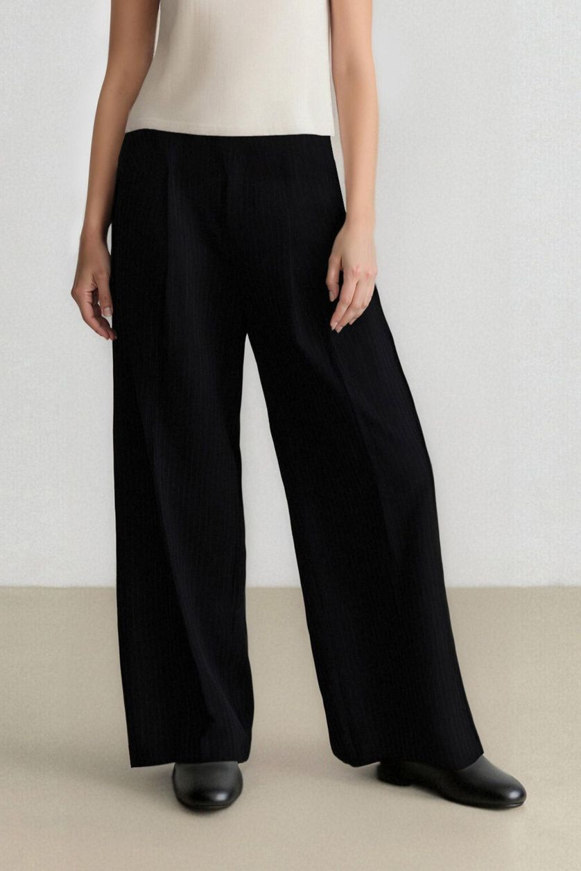 Kadın Lacivert Wide Leg Klasik Lacivert Palazzo Pantolon Pensli Geniş Bol Paça Basic Düz Cepli Yüksek Bel