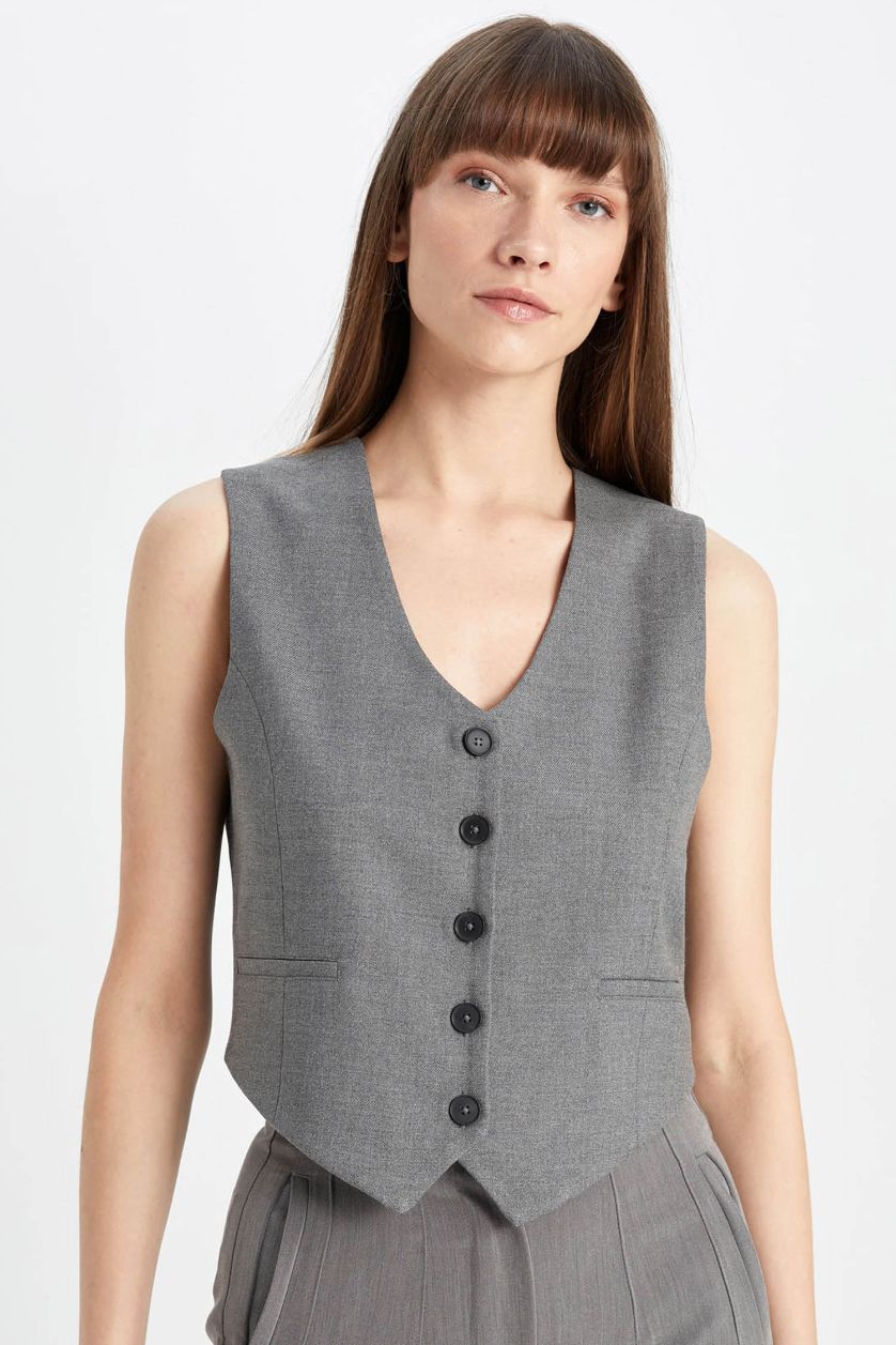 Woman Grey Melange V Neck Blazer Vest