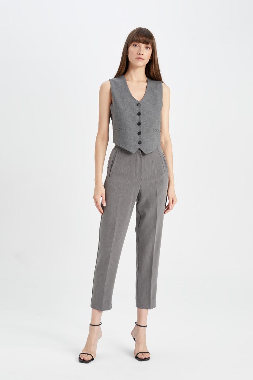 Woman Grey Melange V Neck Blazer Vest