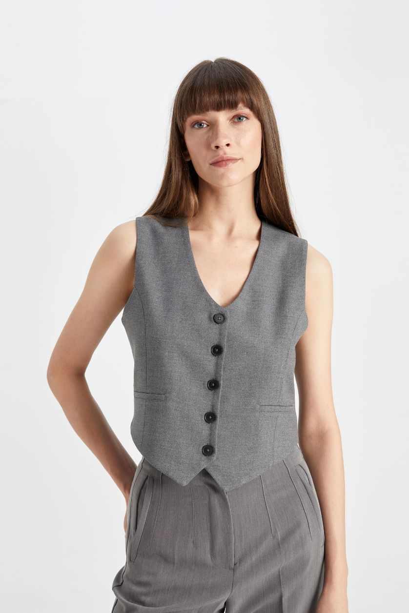 Woman Grey Melange V Neck Blazer Vest