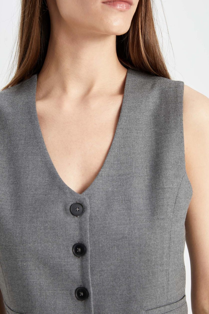 Woman Grey Melange V Neck Blazer Vest