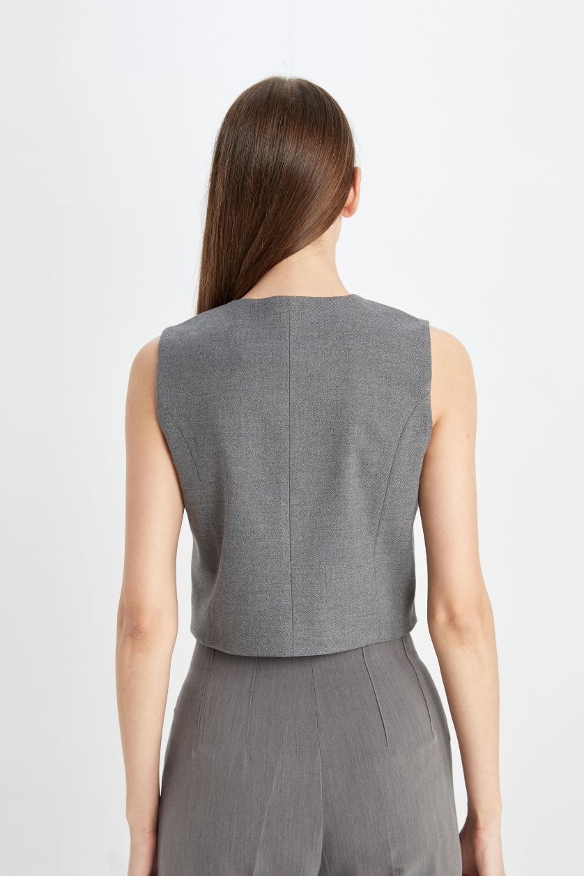 Woman Grey Melange V Neck Blazer Vest