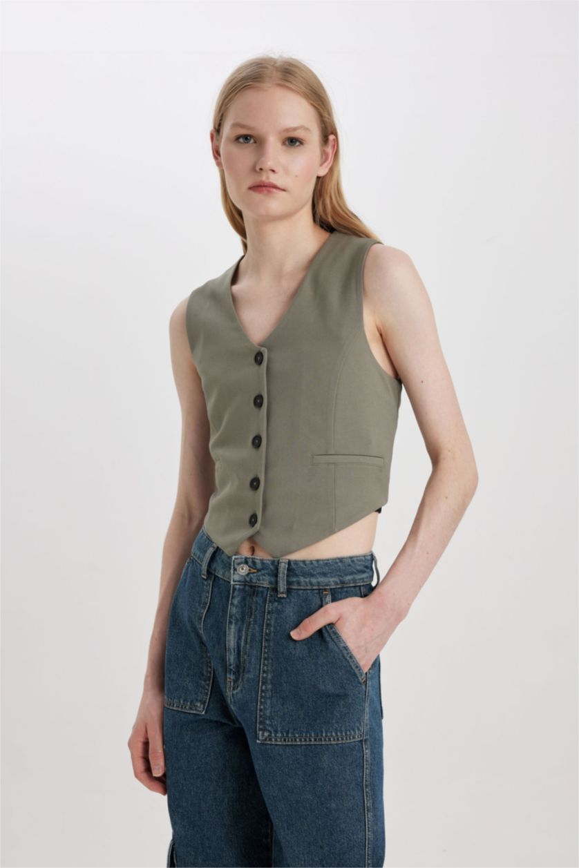 Kadın Haki V Yaka Düğmeli Klasik Blazer Yelek