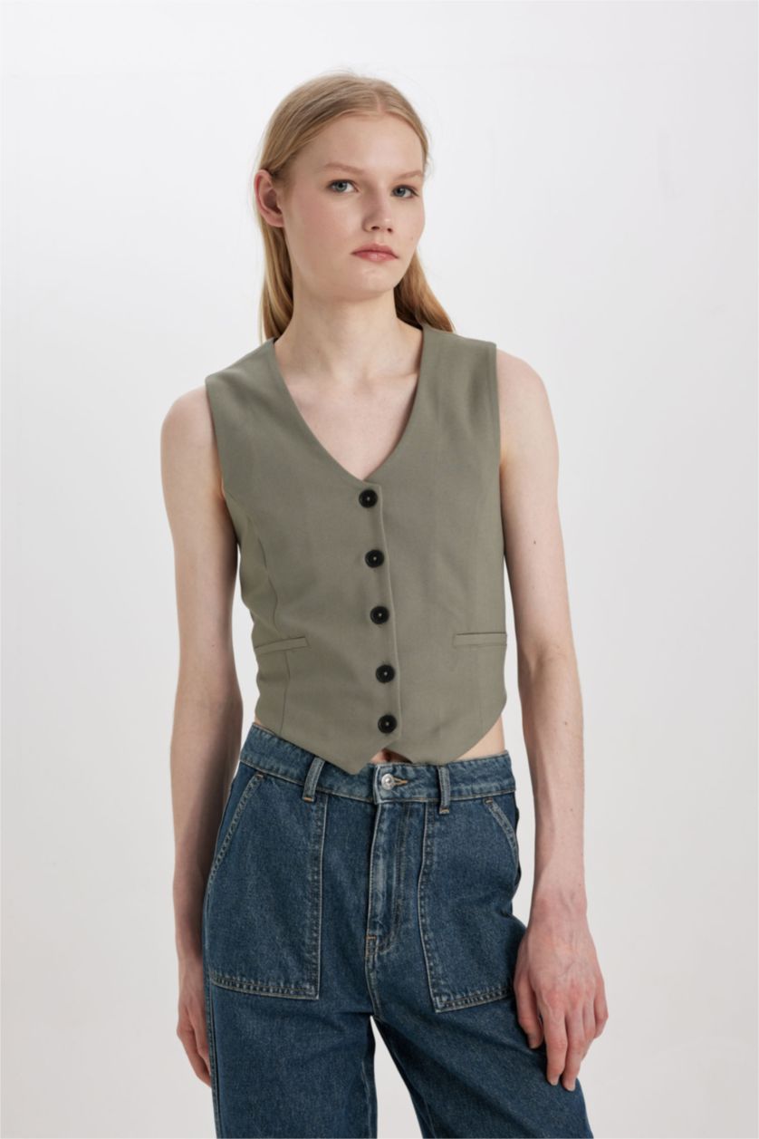 Kadın Haki V Yaka Düğmeli Klasik Blazer Yelek