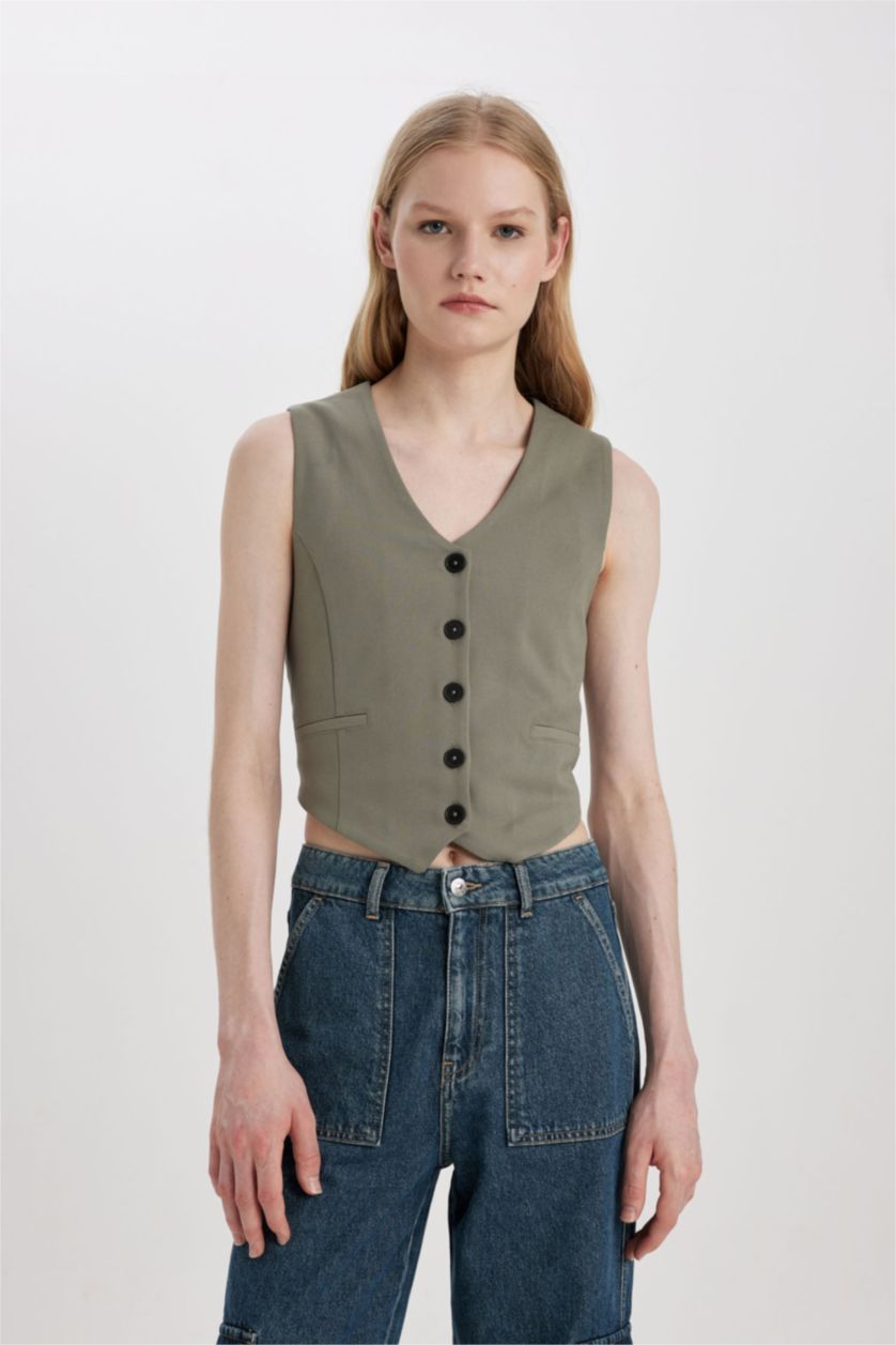 Kadın Haki V Yaka Düğmeli Klasik Blazer Yelek