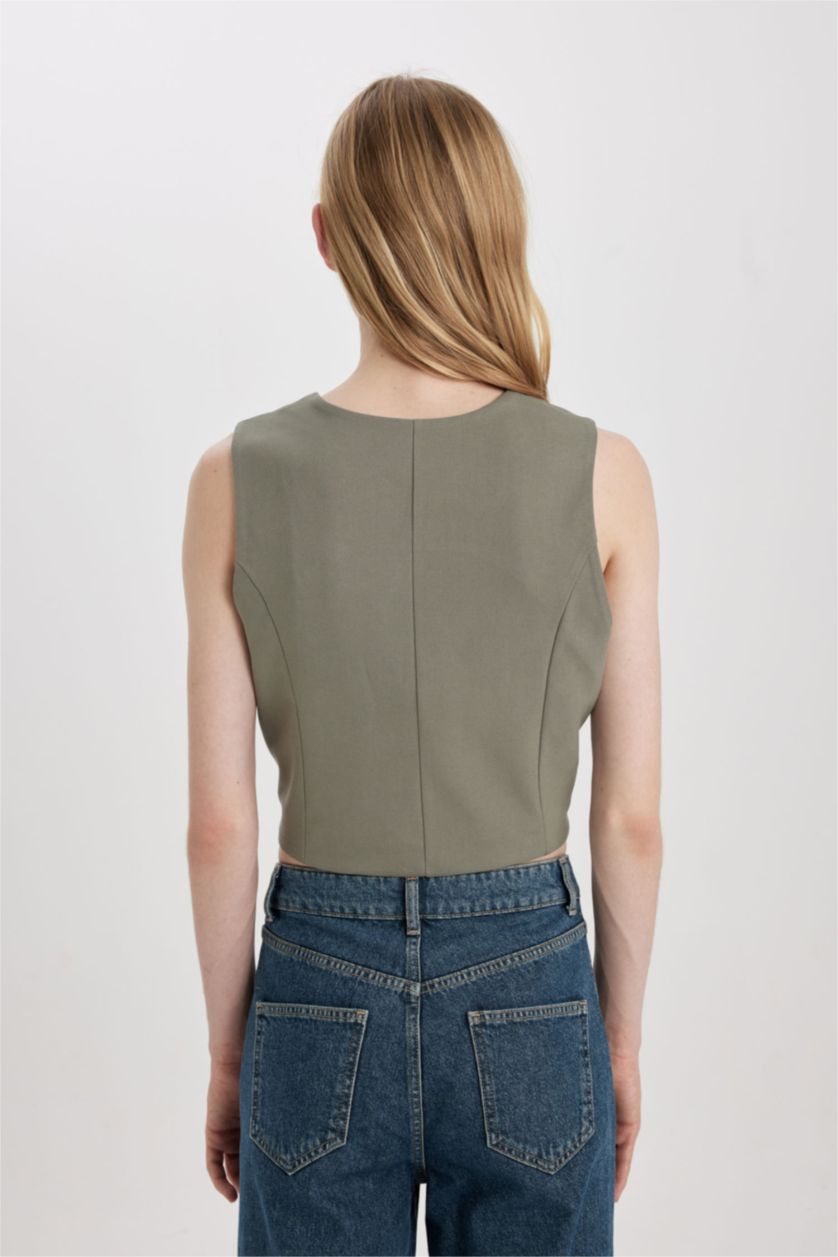 Kadın Haki V Yaka Düğmeli Klasik Blazer Yelek