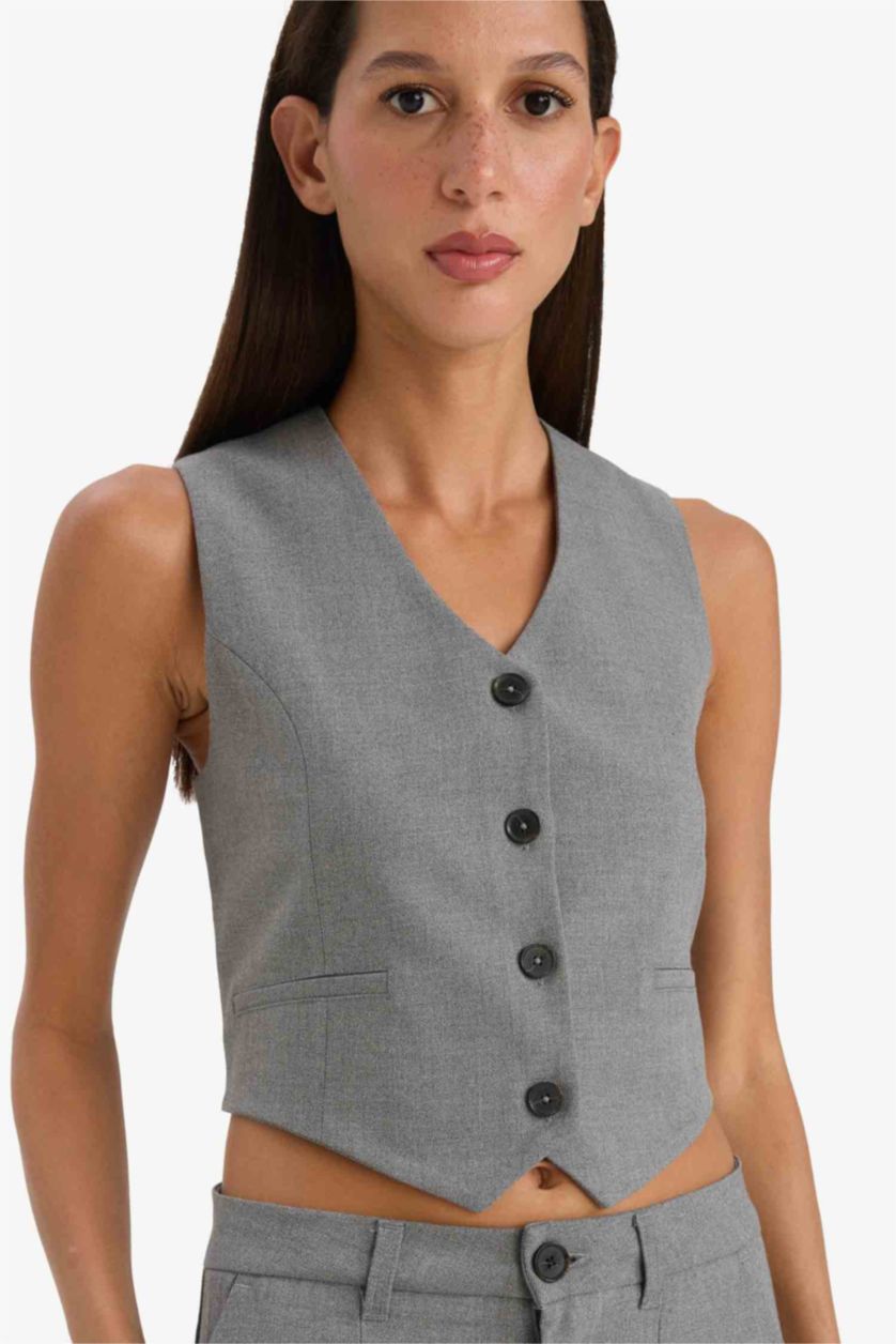 Woman Grey Melange V Neck Blazer Vest