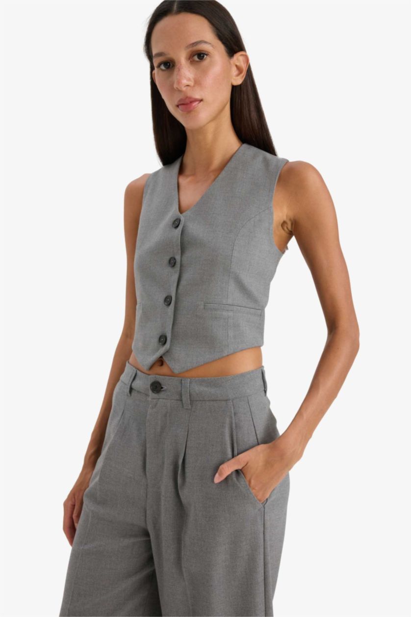 Woman Grey Melange V Neck Blazer Vest