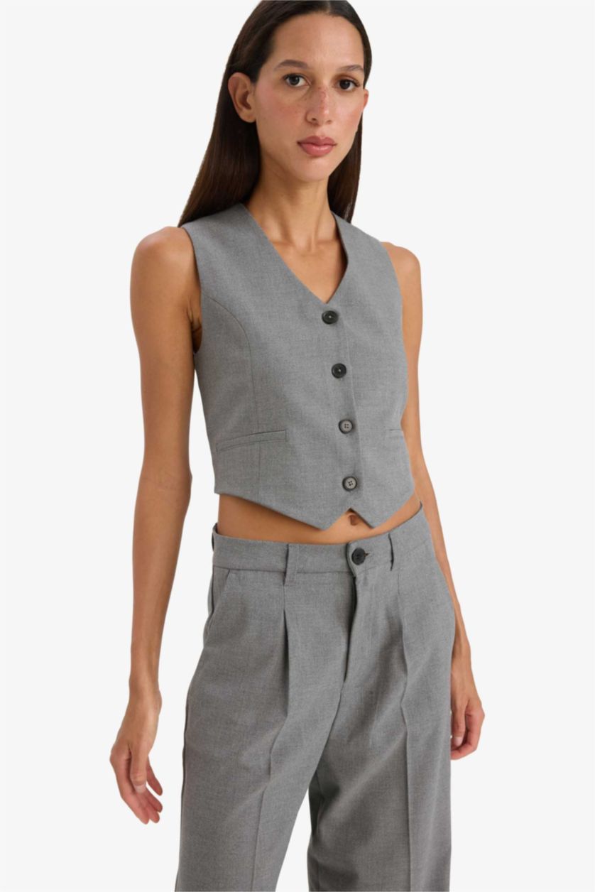 Woman Grey Melange V Neck Blazer Vest