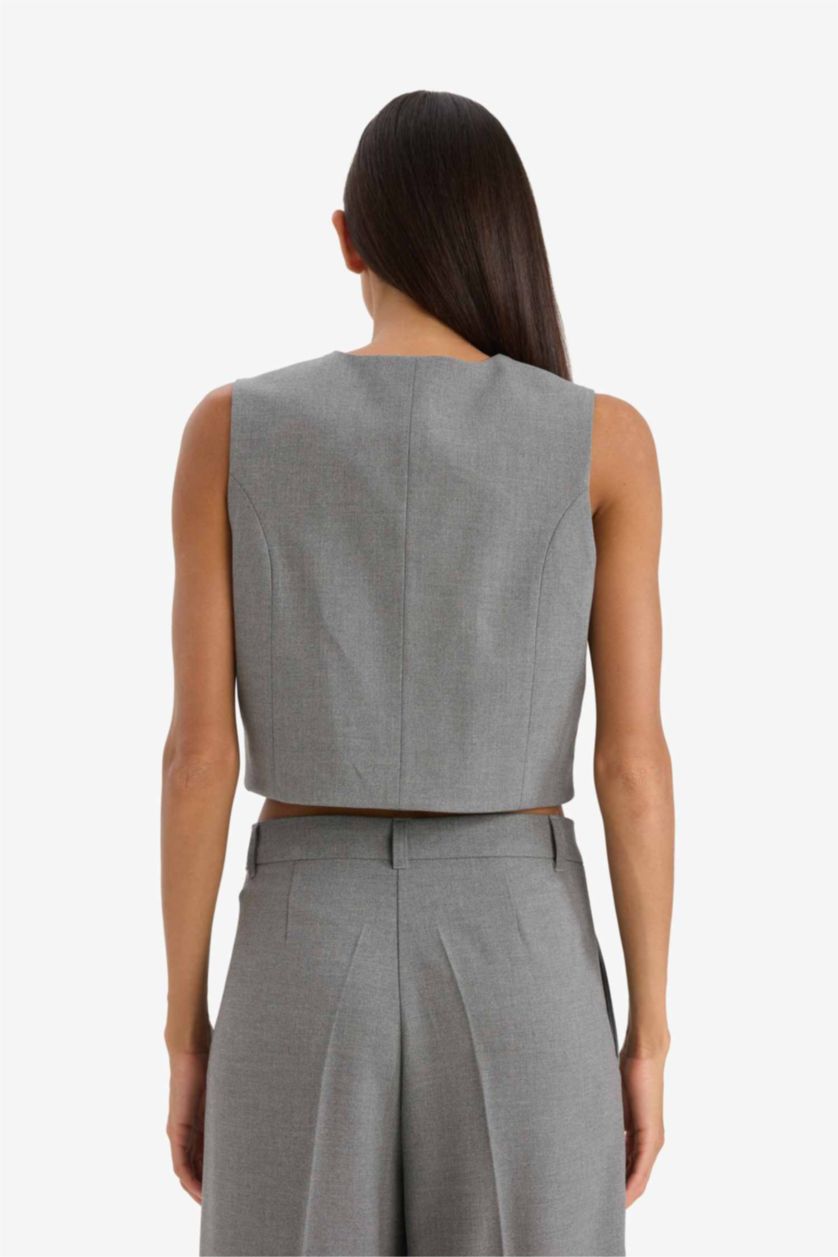 Woman Grey Melange V Neck Blazer Vest