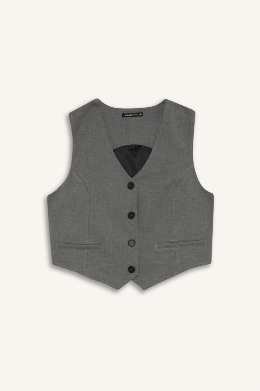Woman Grey Melange V Neck Blazer Vest
