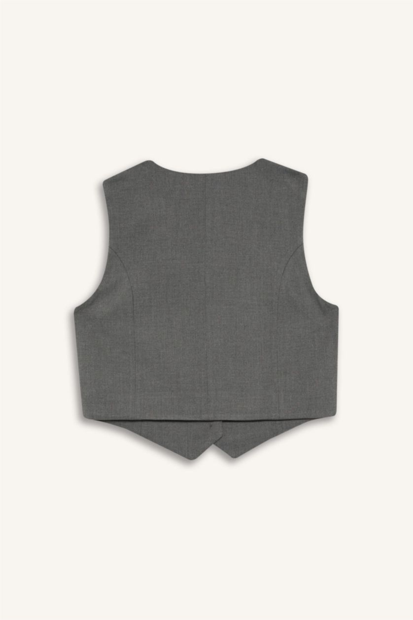 Woman Grey Melange V Neck Blazer Vest