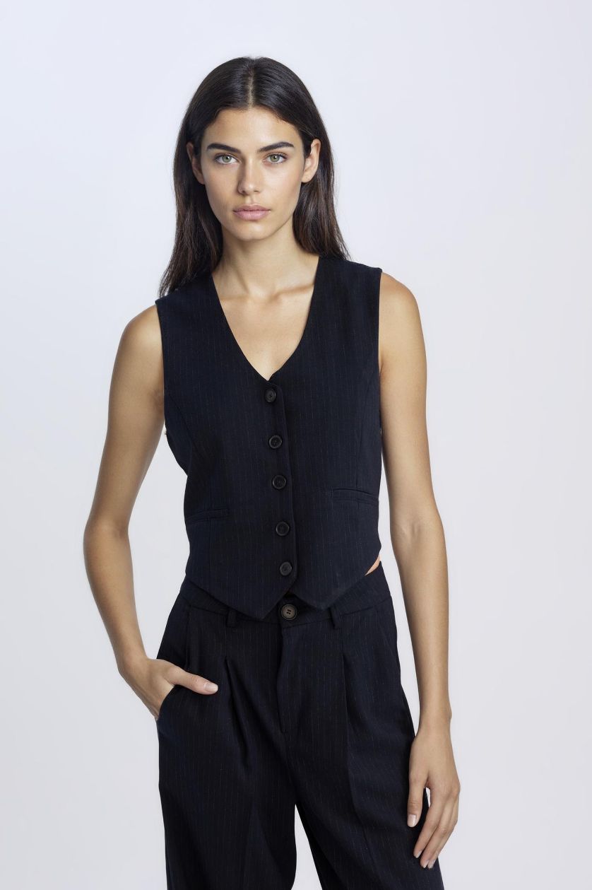 Kadın Lacivert V Yaka Çizgili Düğmeli Blazer Yelek