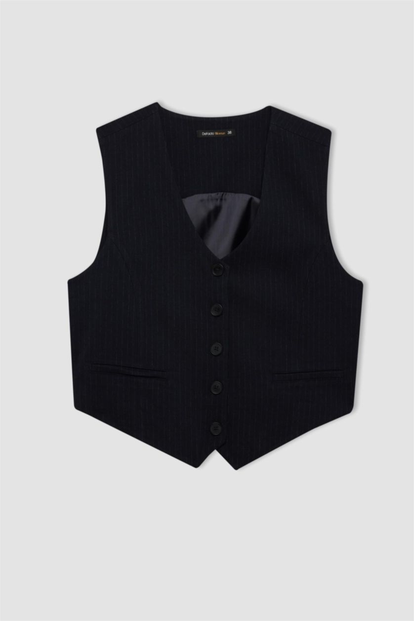 Kadın Lacivert V Yaka Çizgili Düğmeli Blazer Yelek