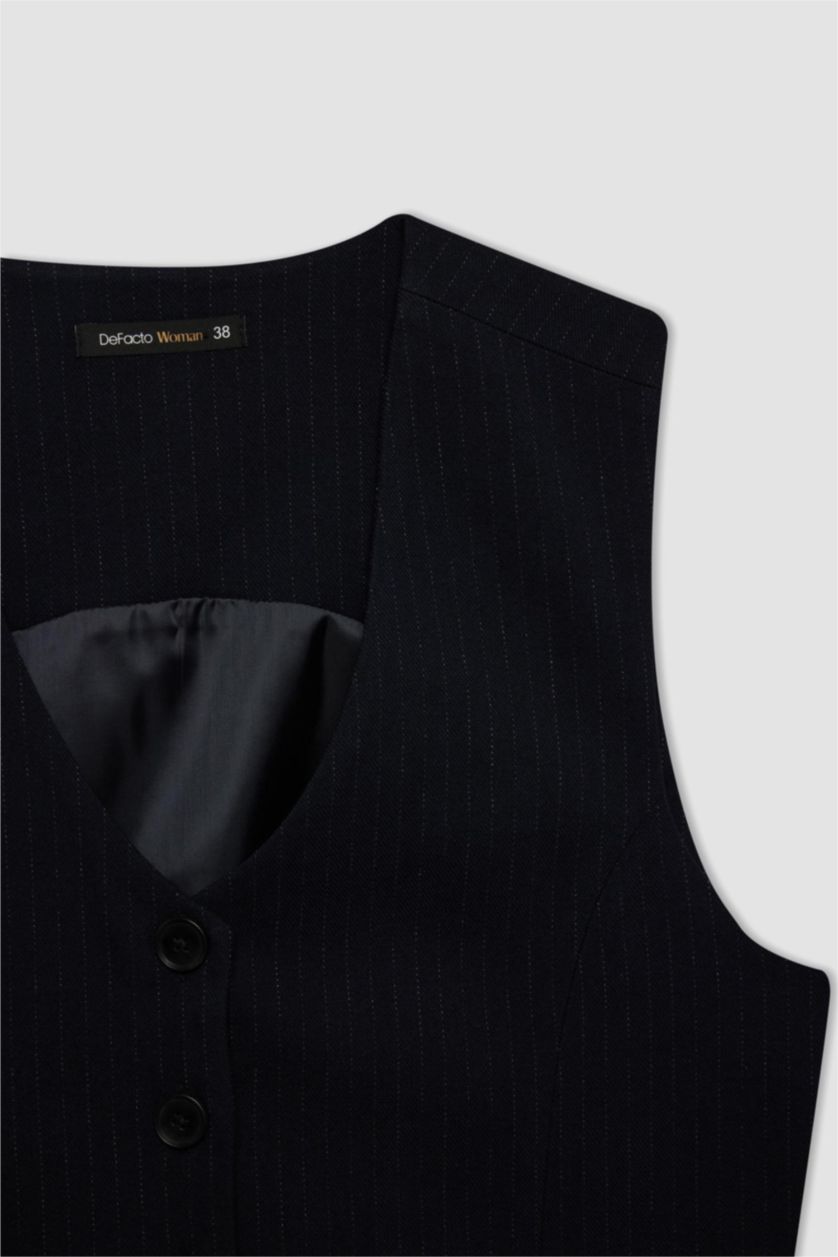 Kadın Lacivert V Yaka Çizgili Düğmeli Blazer Yelek