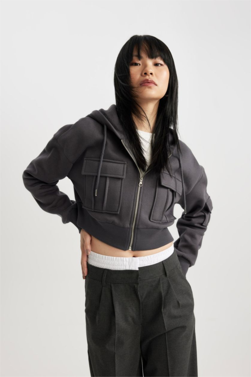 WOMAN Anthracite Loose Fit Thick Sweatshirt Fabric Cardigan