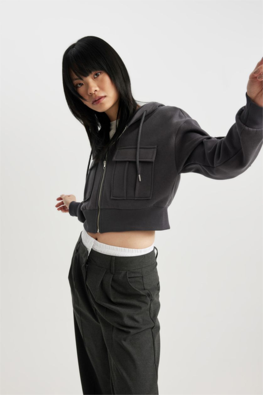 WOMAN Anthracite Loose Fit Thick Sweatshirt Fabric Cardigan