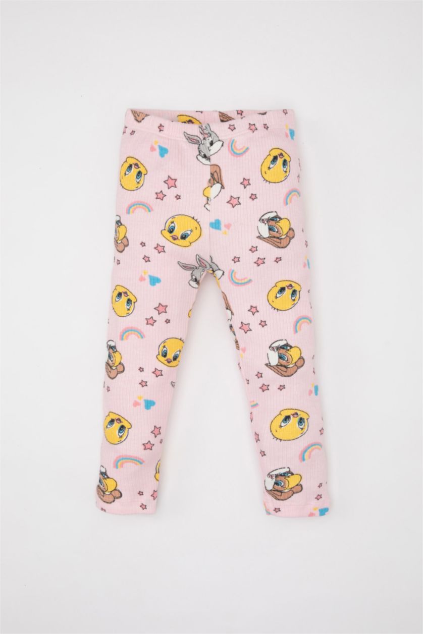 Kız Bebek Pembe Kız Bebek Looney Tunes Pijama Takımı Fitilli Kaşkorse Bisiklet Yaka Kısa Kollu Üst Beli Lastikli Uzun Alt