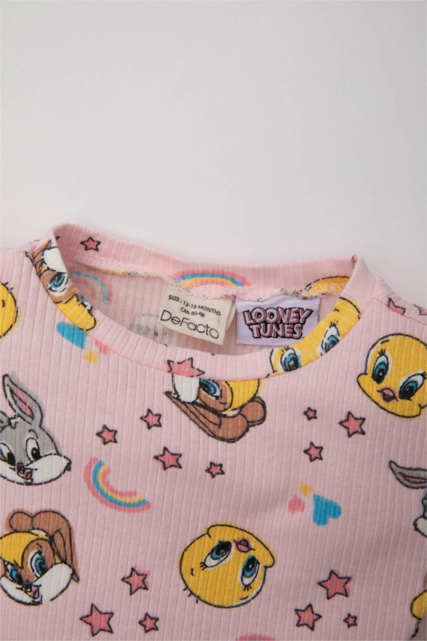 Kız Bebek Pembe Kız Bebek Looney Tunes Pijama Takımı Fitilli Kaşkorse Bisiklet Yaka Kısa Kollu Üst Beli Lastikli Uzun Alt