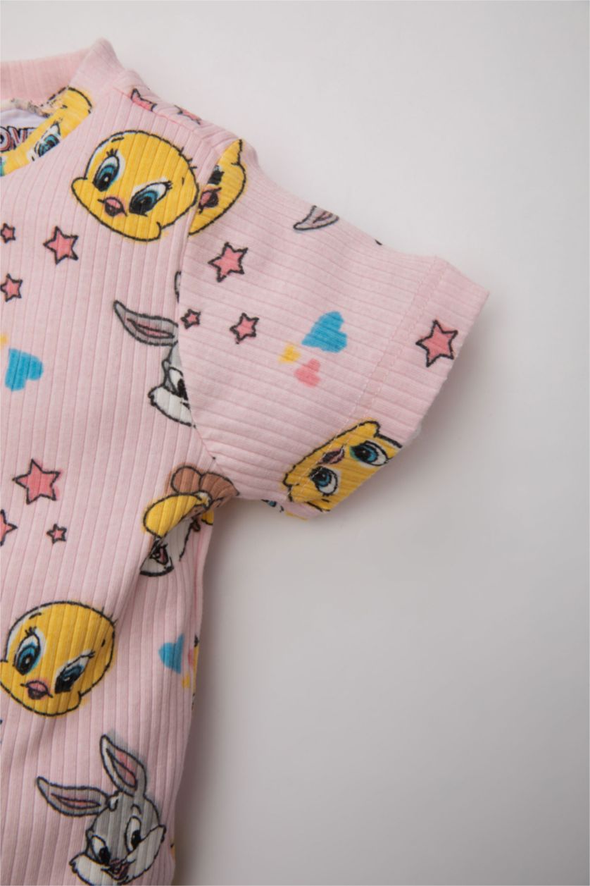 Kız Bebek Pembe Kız Bebek Looney Tunes Pijama Takımı Fitilli Kaşkorse Bisiklet Yaka Kısa Kollu Üst Beli Lastikli Uzun Alt