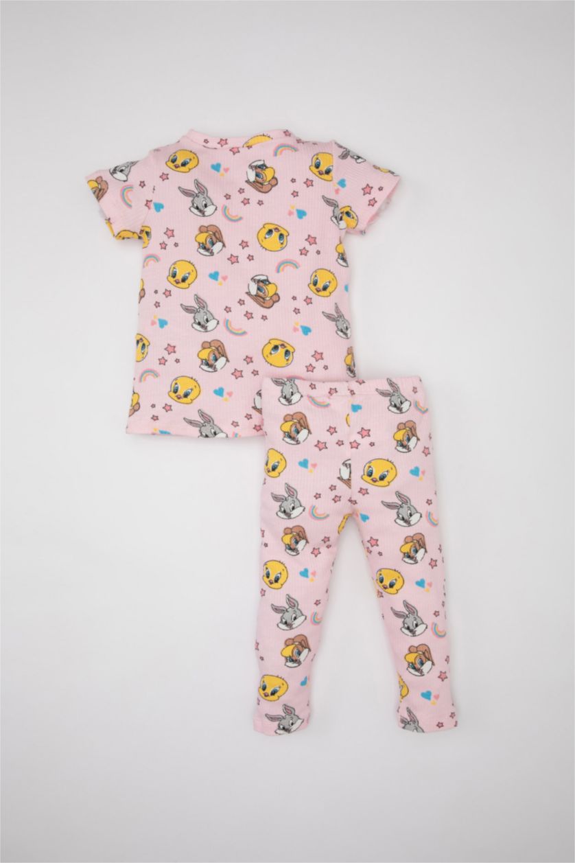 Kız Bebek Pembe Kız Bebek Looney Tunes Pijama Takımı Fitilli Kaşkorse Bisiklet Yaka Kısa Kollu Üst Beli Lastikli Uzun Alt
