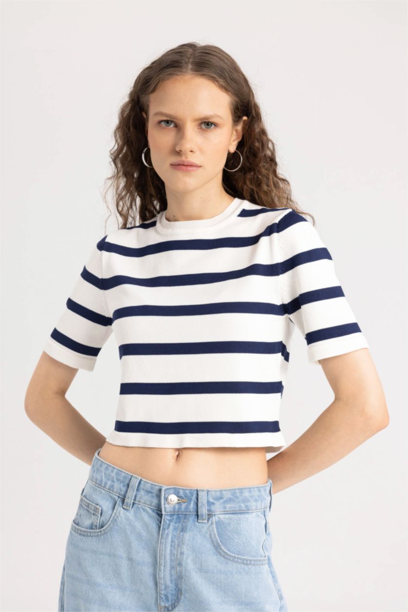WOMAN Ecru Fitted Crew Neck Striped Short Sleeve Pullover
