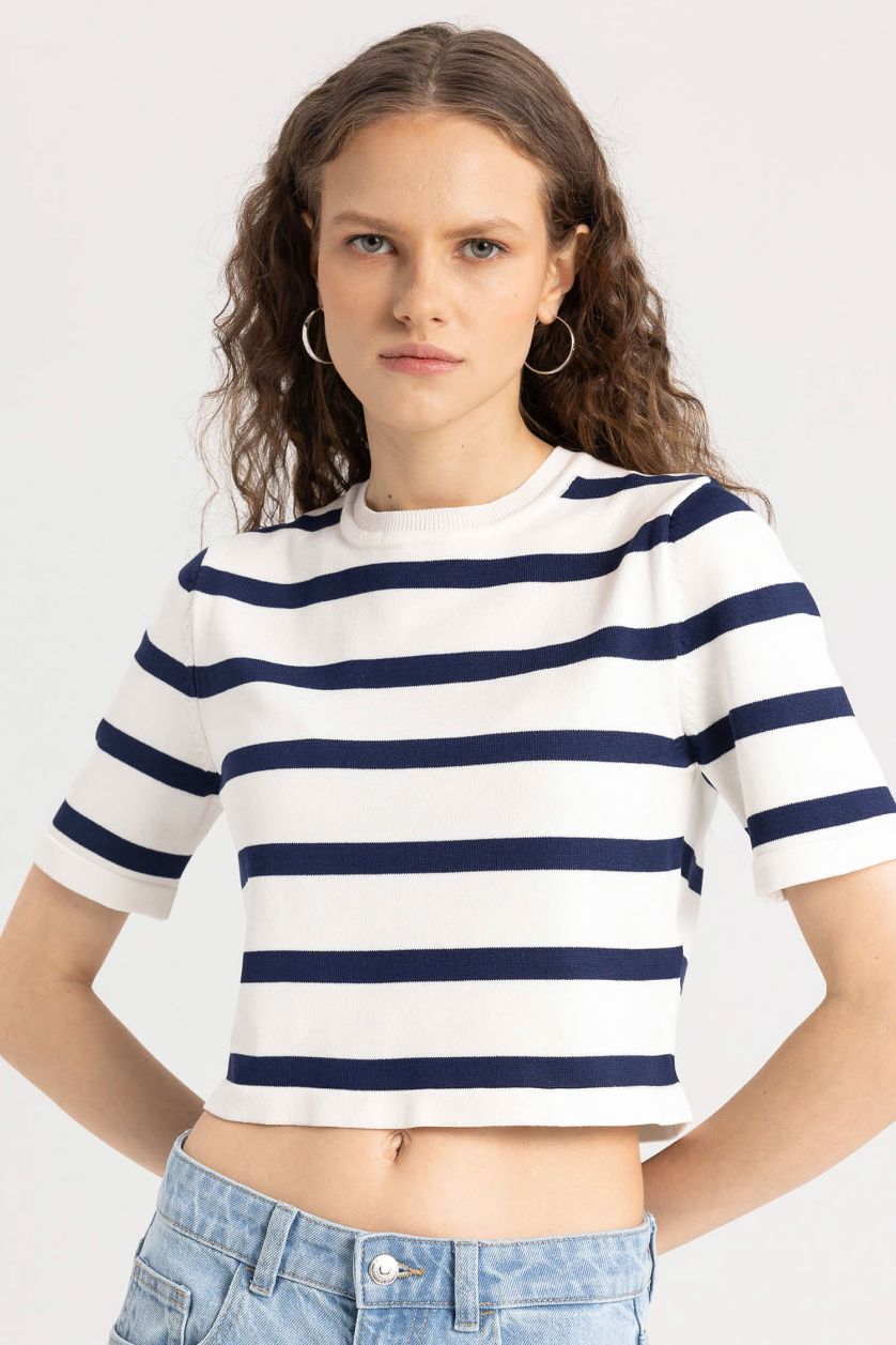 WOMAN Ecru Fitted Crew Neck Striped Short Sleeve Pullover