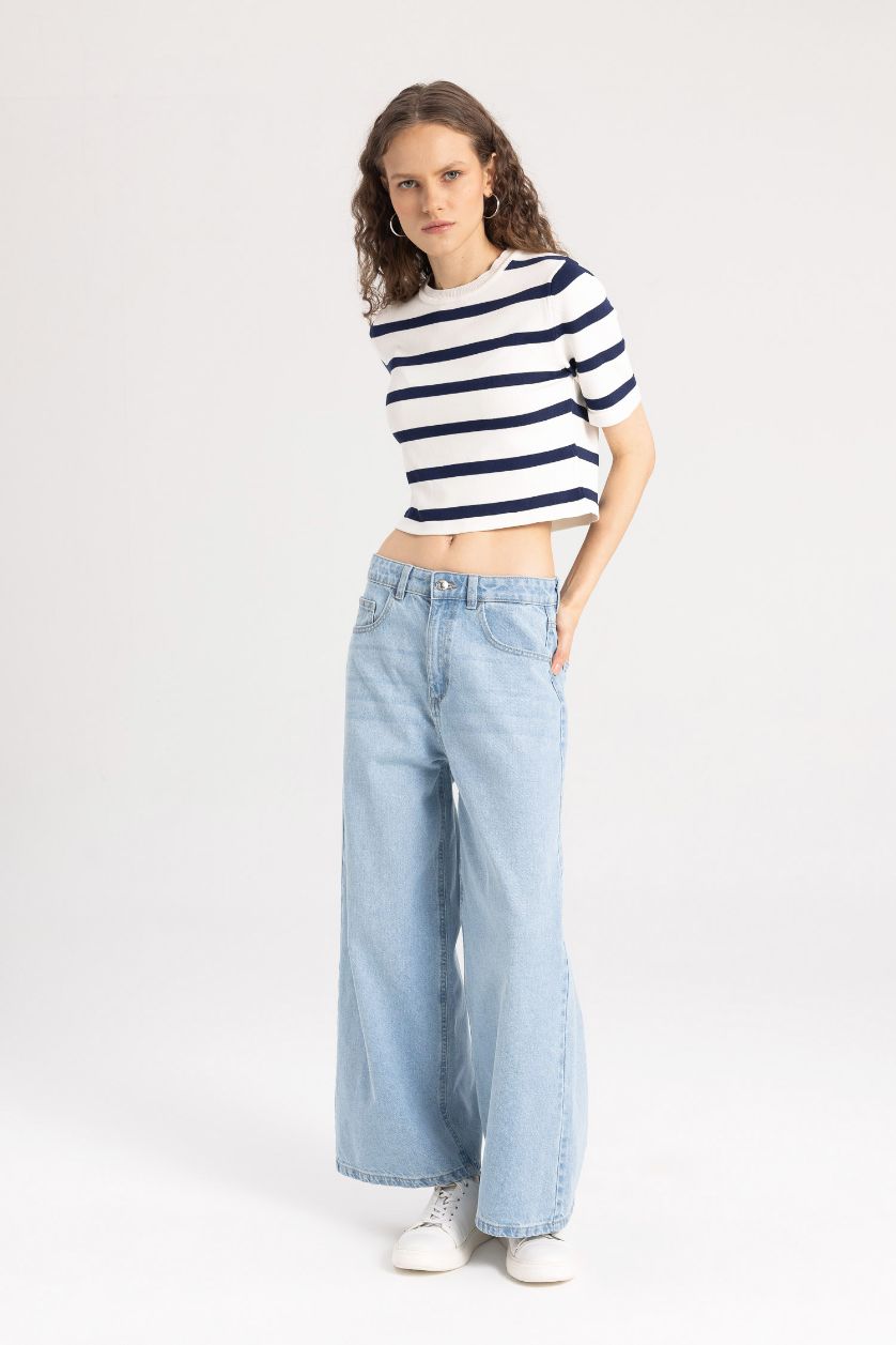 WOMAN Ecru Fitted Crew Neck Striped Short Sleeve Pullover