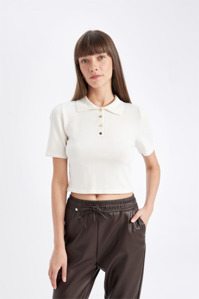 WOMAN Ecru Fitted Polo Neck Short Sleeve Knit T-Shirt