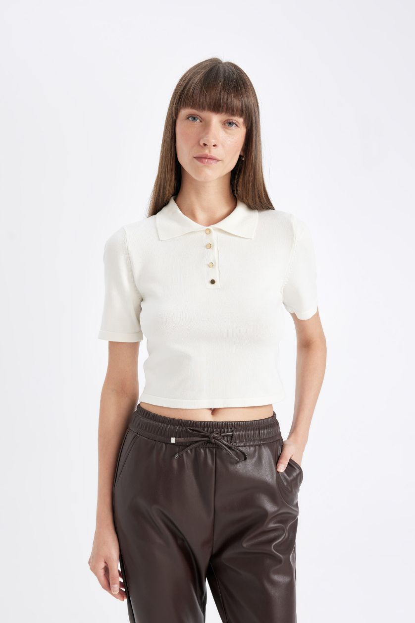 WOMAN Ecru Fitted Polo Neck Short Sleeve Knit T-Shirt