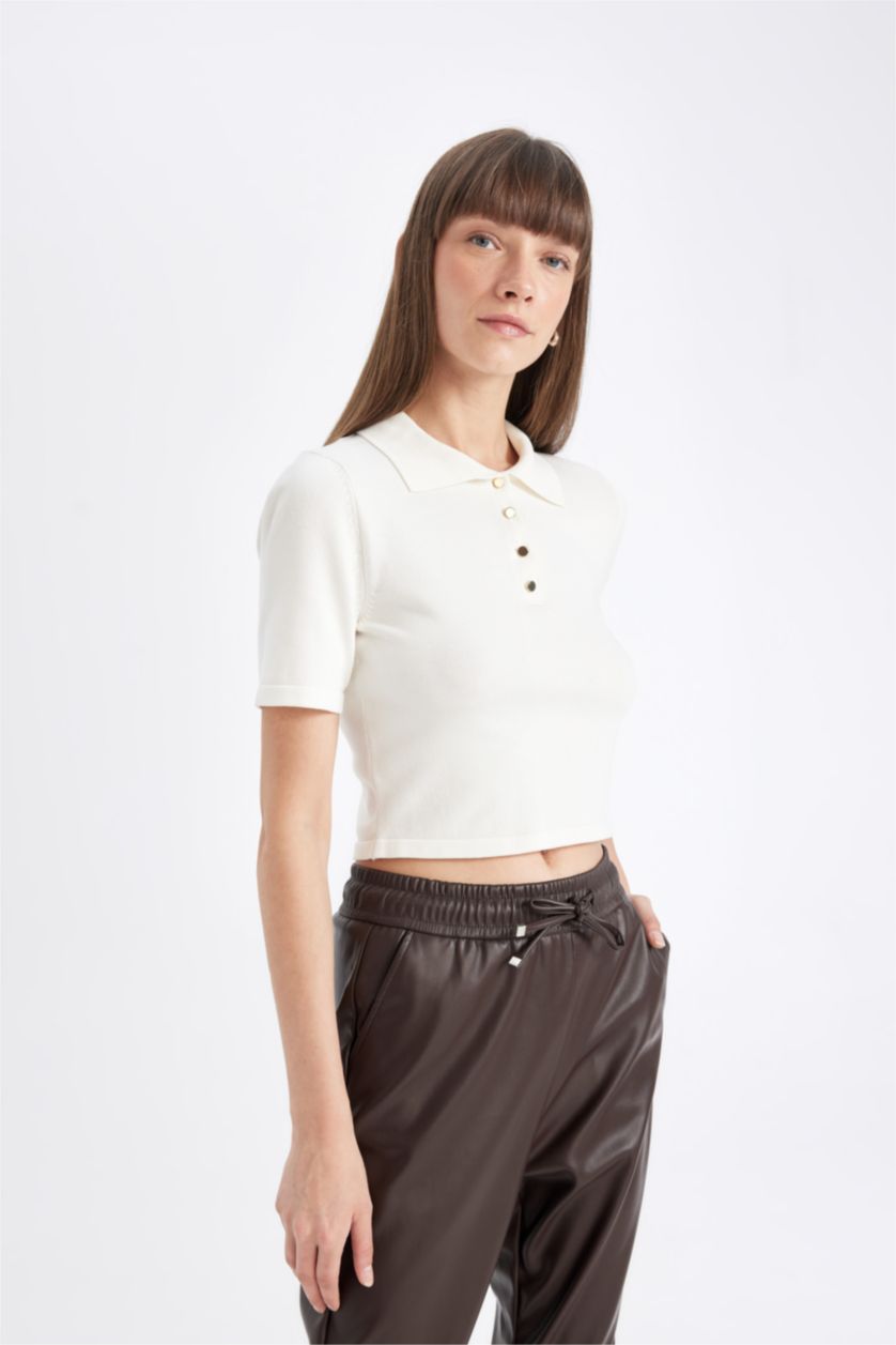 WOMAN Ecru Fitted Polo Neck Short Sleeve Knit T-Shirt