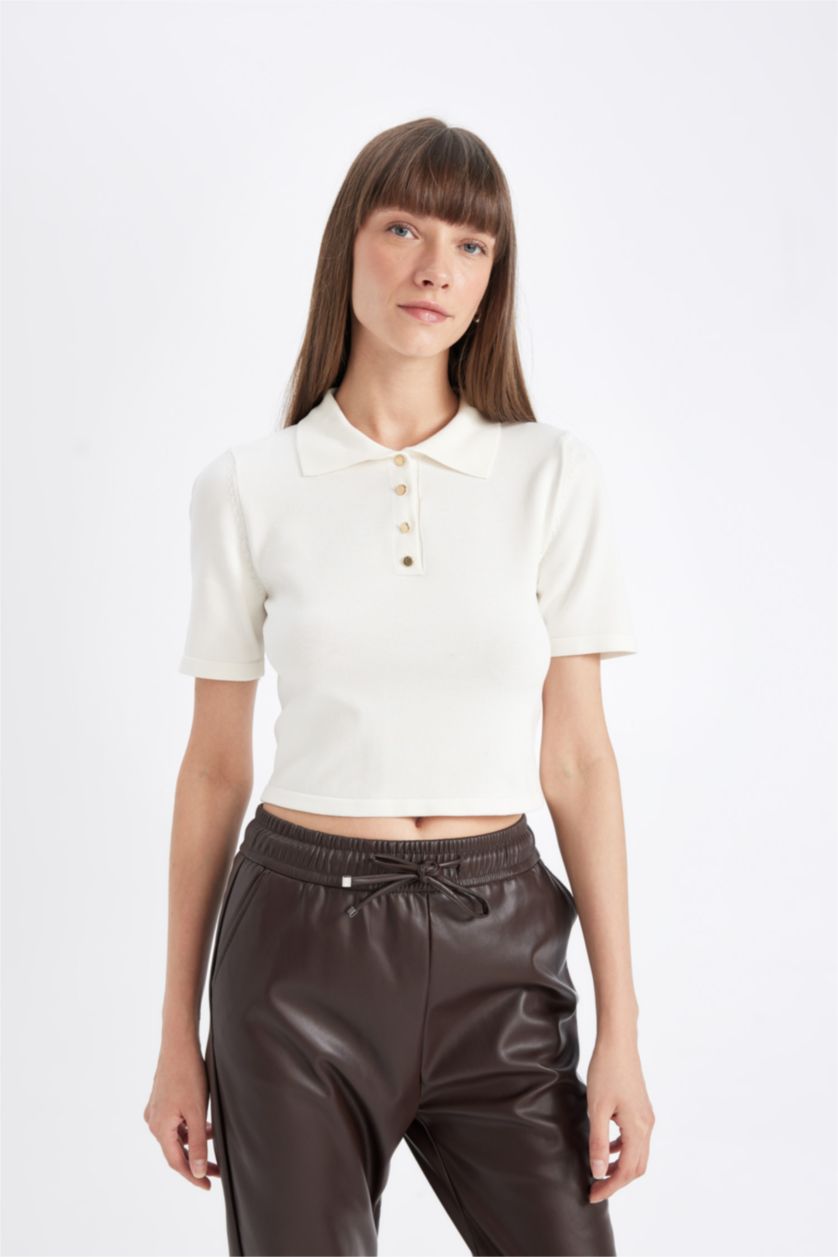 WOMAN Ecru Fitted Polo Neck Short Sleeve Knit T-Shirt