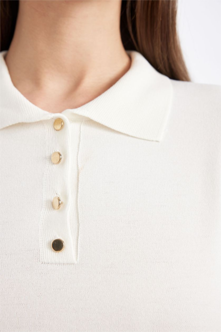 WOMAN Ecru Fitted Polo Neck Short Sleeve Knit T-Shirt
