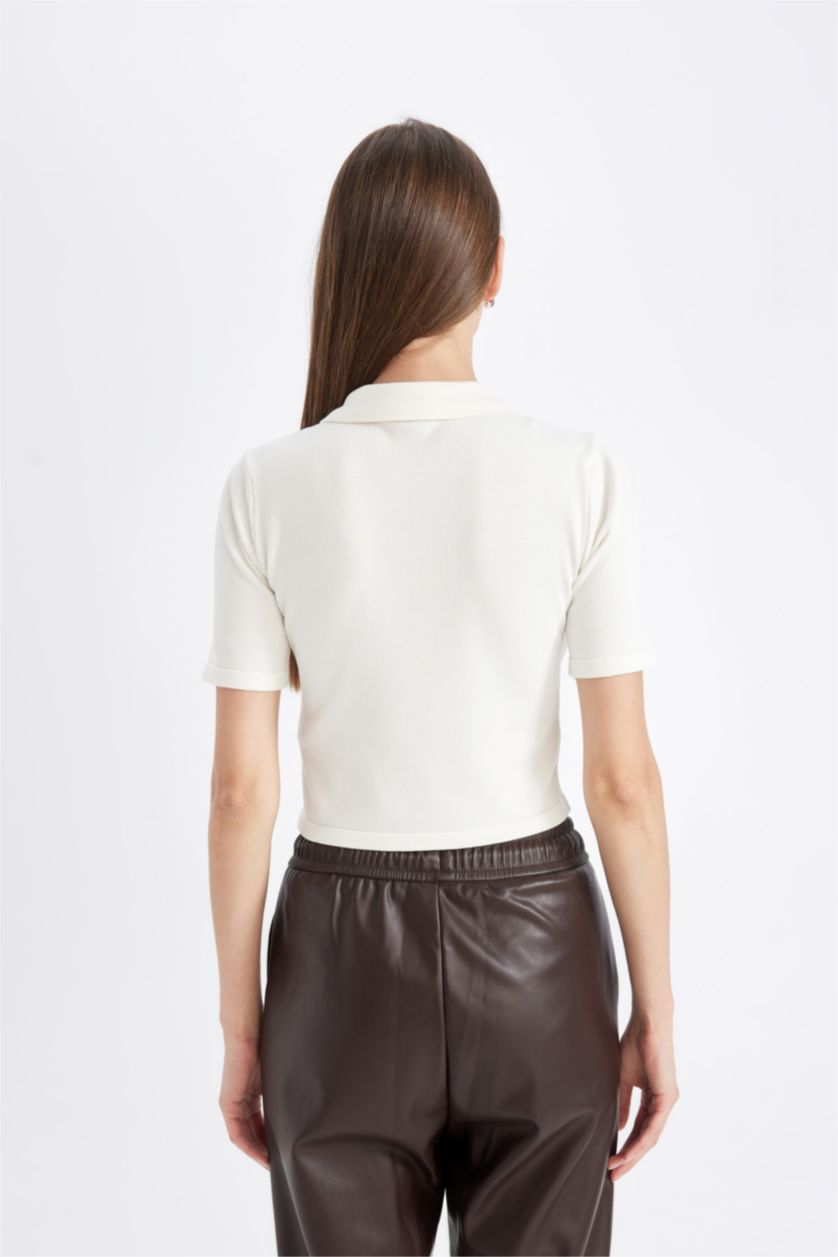 WOMAN Ecru Fitted Polo Neck Short Sleeve Knit T-Shirt