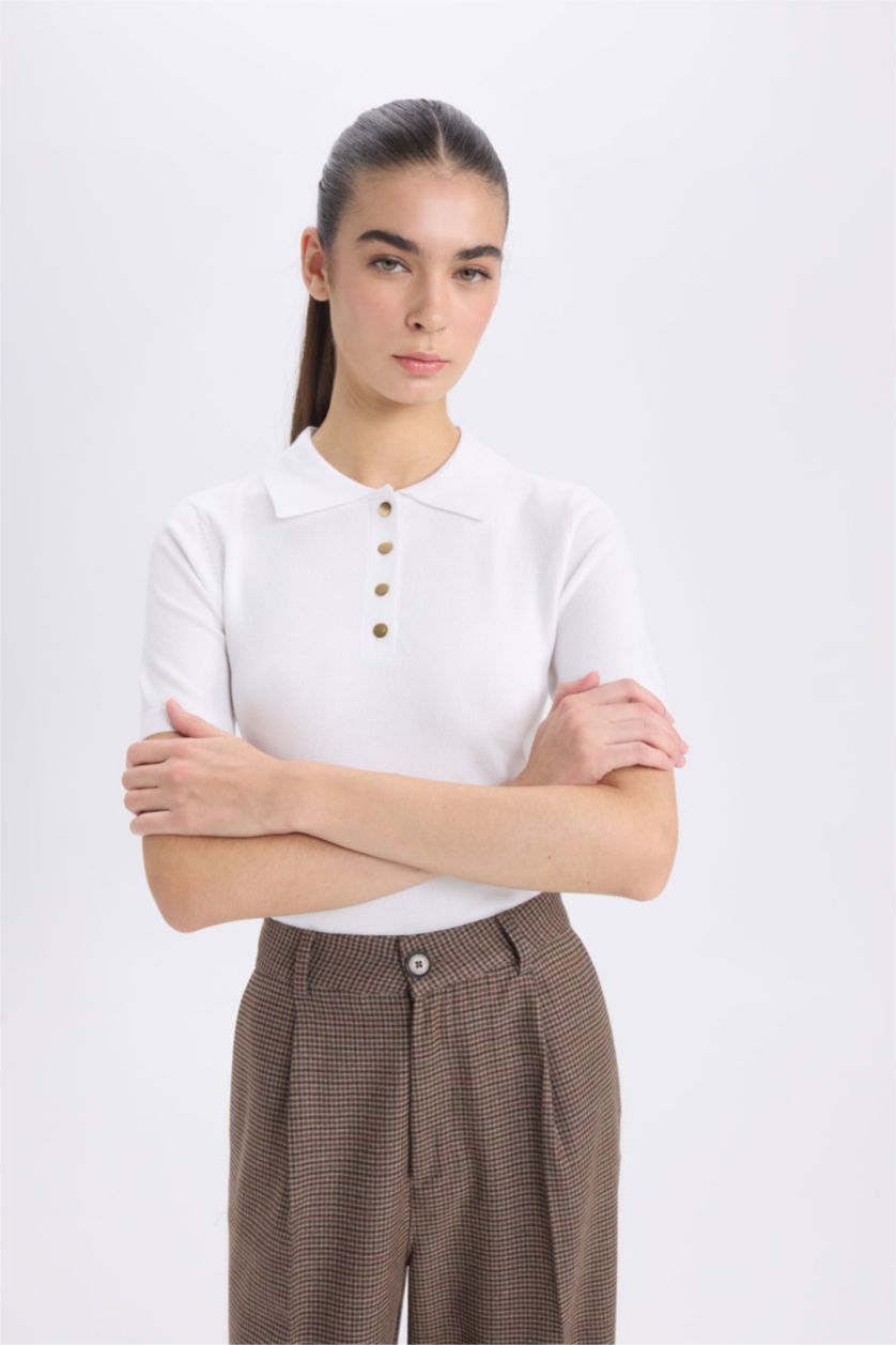 Әйелдерге экру ұзын бұлшықет пішімі поло жаға Пулловер