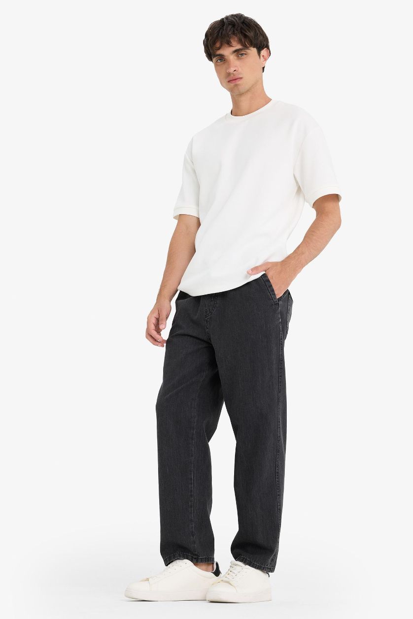 Erkek Siyah %100 Pamuk Wide Leg Beli Bağcıklı Lastikli Geniş Paça Jean Pantolon