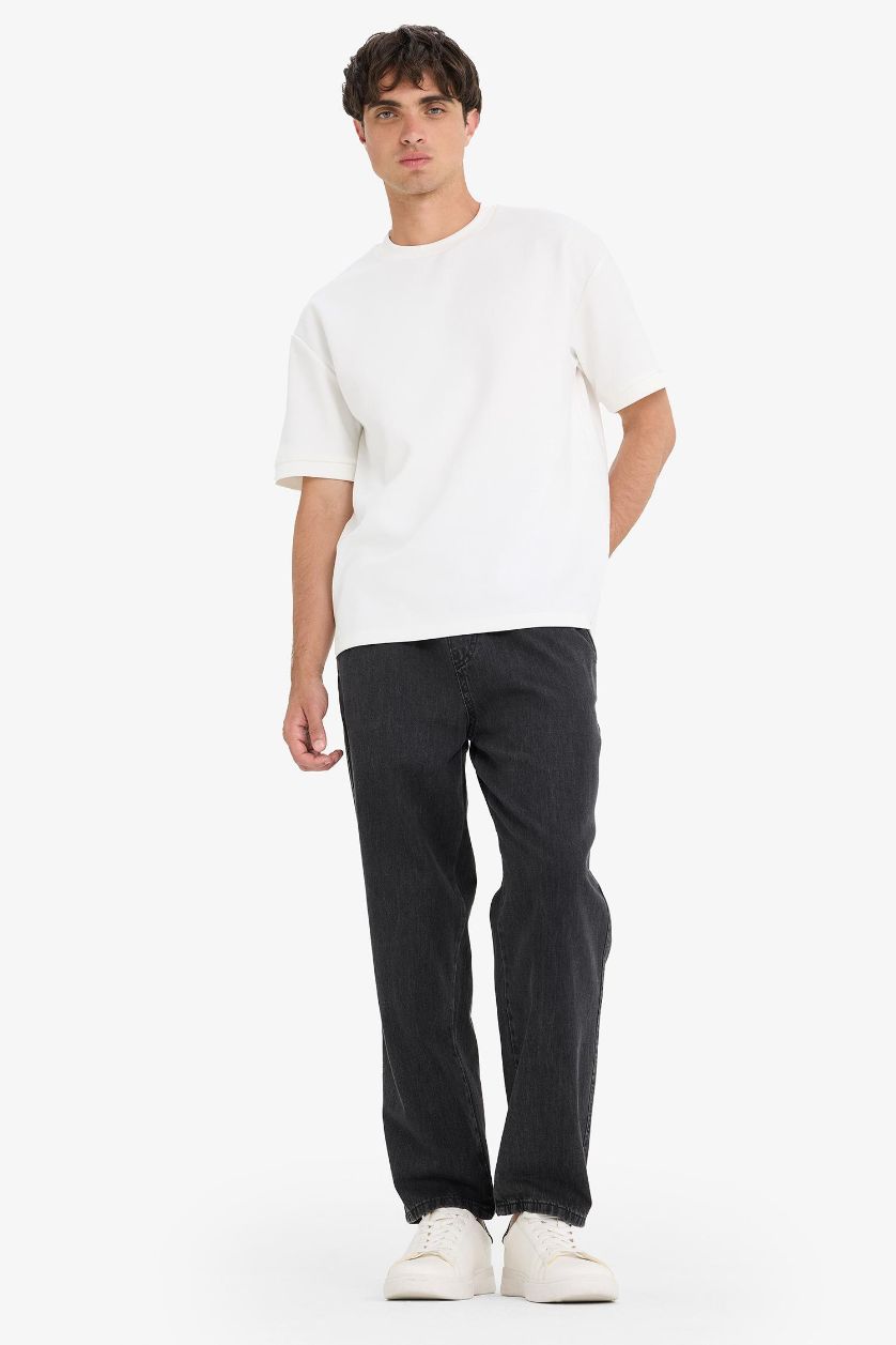 Erkek Siyah %100 Pamuk Wide Leg Beli Bağcıklı Lastikli Geniş Paça Jean Pantolon